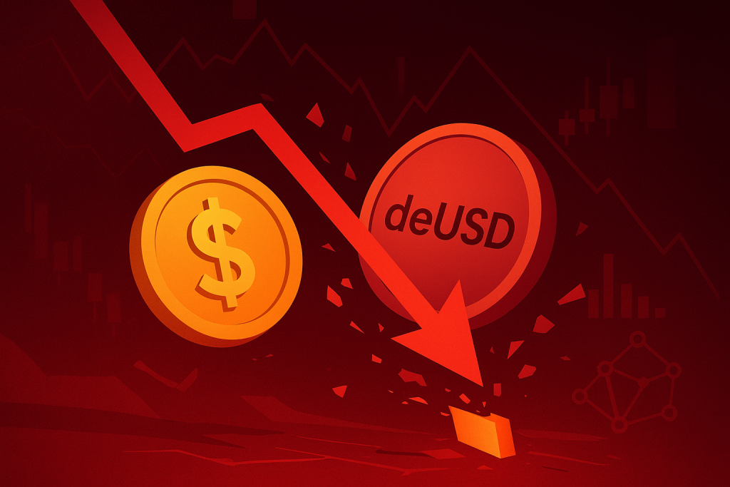 USDX Stablecoin Loses Dollar Peg, Crashes to $0.30 Amid DeFi Contagion USDX and deUSD coins falling with a red downward arrow symbolizing stablecoin collapse.