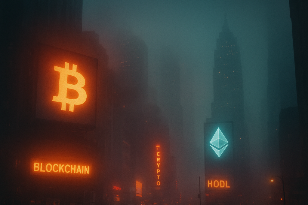 Foggy post-crash New York with fading crypto billboards