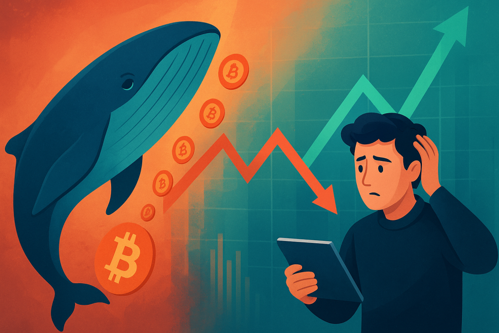 Bitcoin whale selling while a retail investor watches market trends.