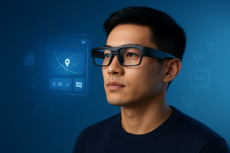 Person wearing Alibaba Quark S1 AR smart glasses with floating UI overlays