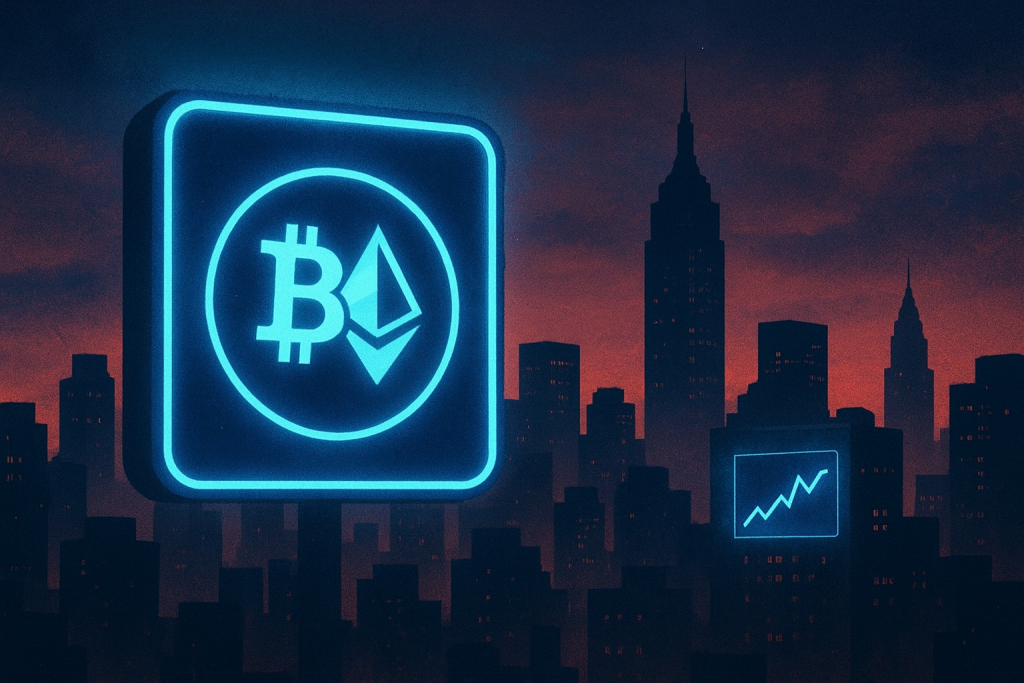Neon skyline with crypto symbols glowing over the city