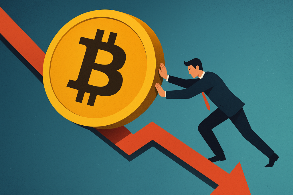 Businessman pushing Bitcoin coin down red arrow during market decline