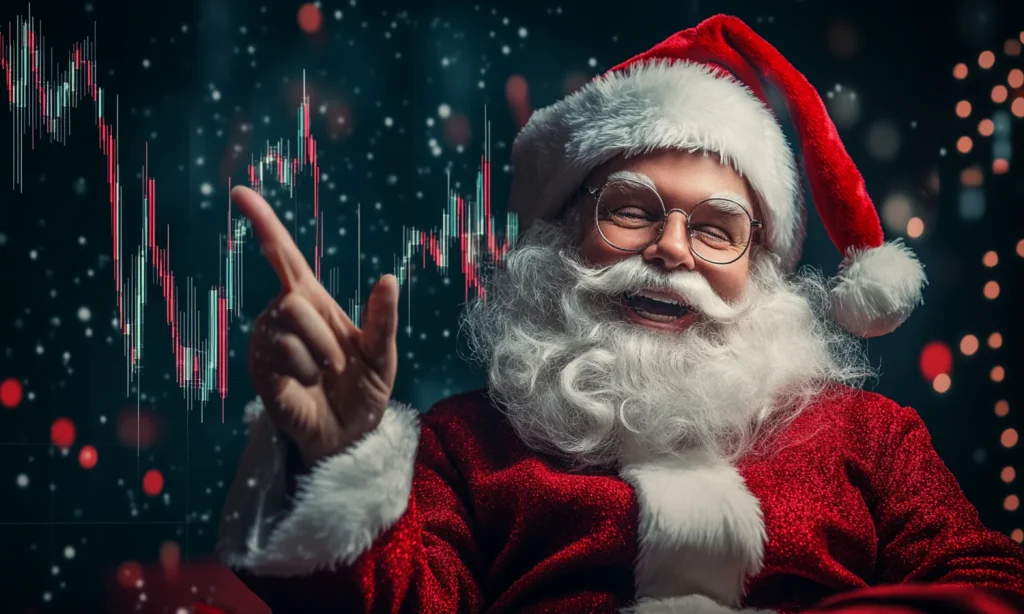 Bitcoin chart with festive holiday theme representing potential Santa Rally