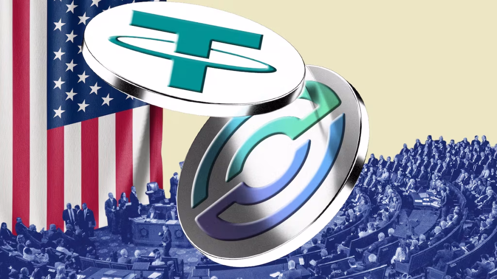 Coinbase logo with blockchain and stablecoin concept