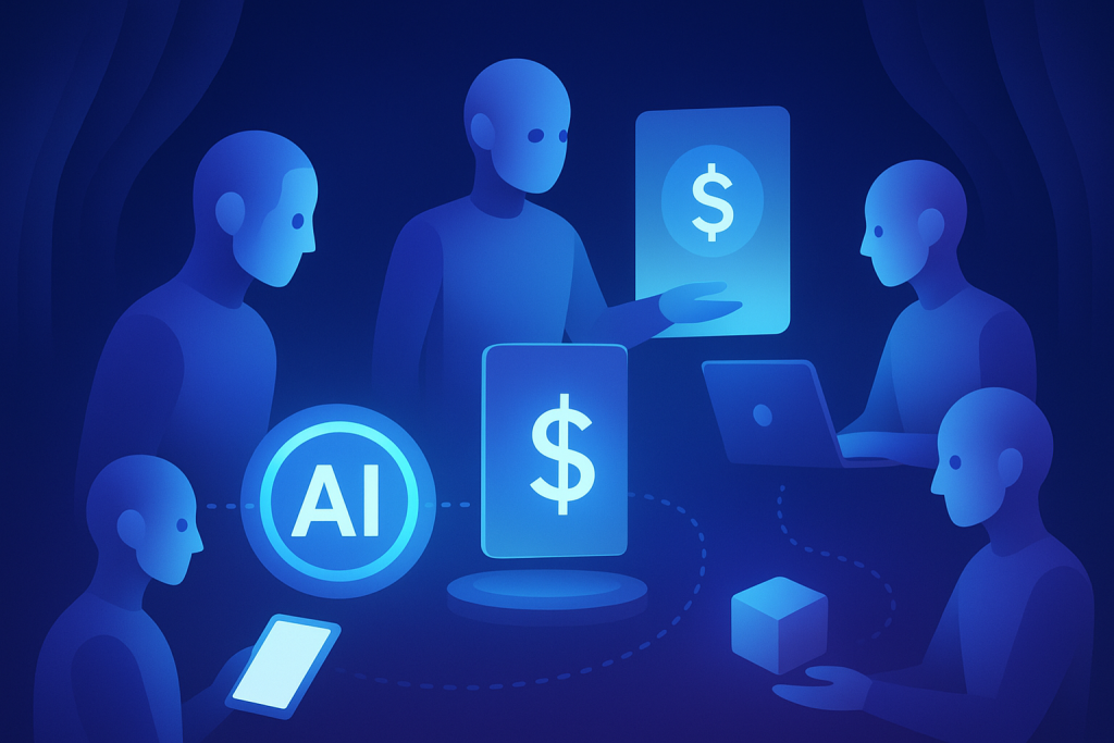 Futuristic AI agents interacting in a digital marketplace simulation by Microsoft Research