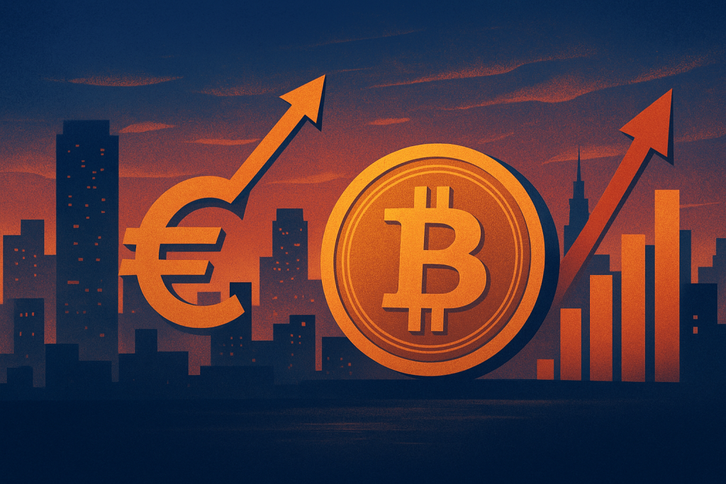 Strategy Launches 10% Perpetual Stream Shares in Europe Modern crypto market growth illustration with Bitcoin and Euro symbols rising over city skyline