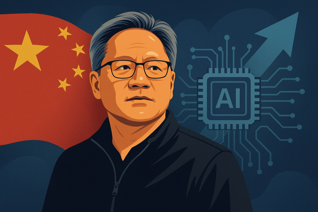 Jensen Huang, CEO of Nvidia, with China flag and AI chip background