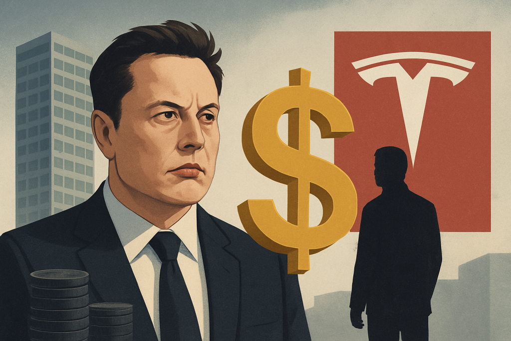 Elon Musk illustration with Tesla logo and financial symbolism