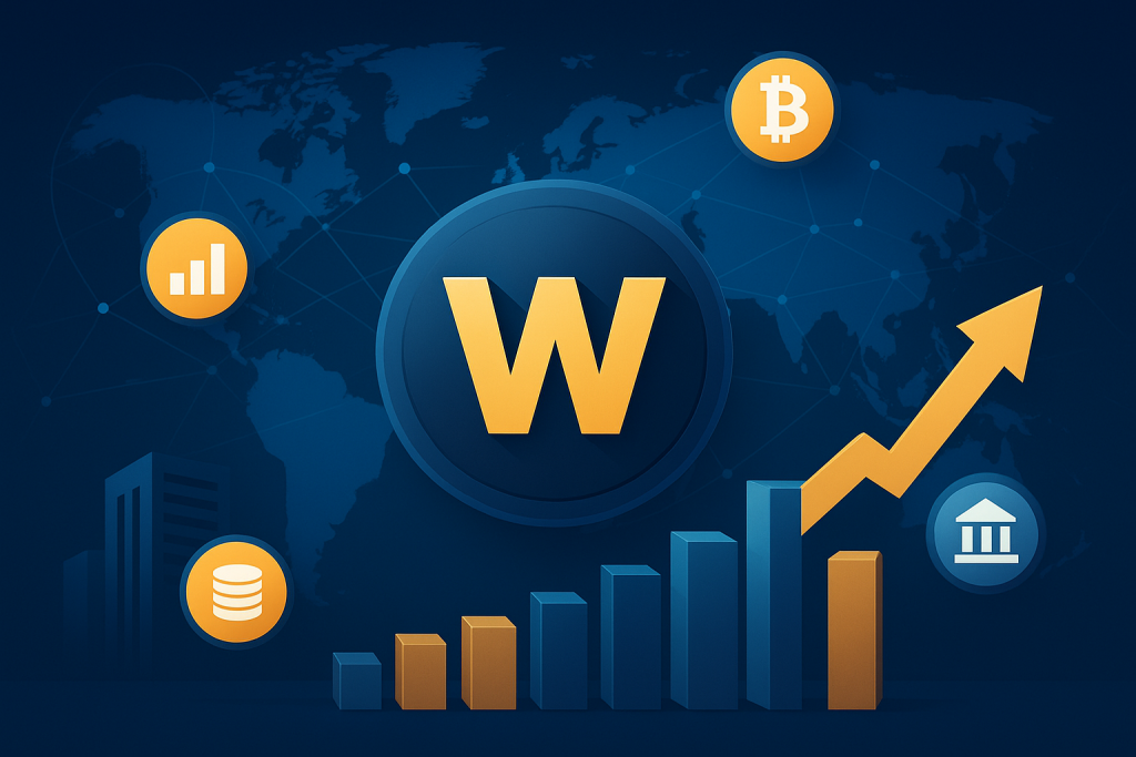 Modern fintech ecosystem illustration with global blockchain elements