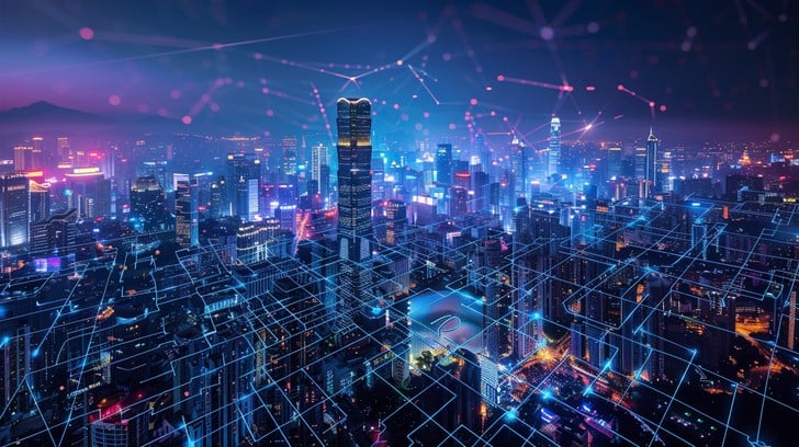 Tokenized Real Estate Lending Gains Traction in the UK Modern city skyline with digital blockchain overlay symbolizing tokenized real estate lending