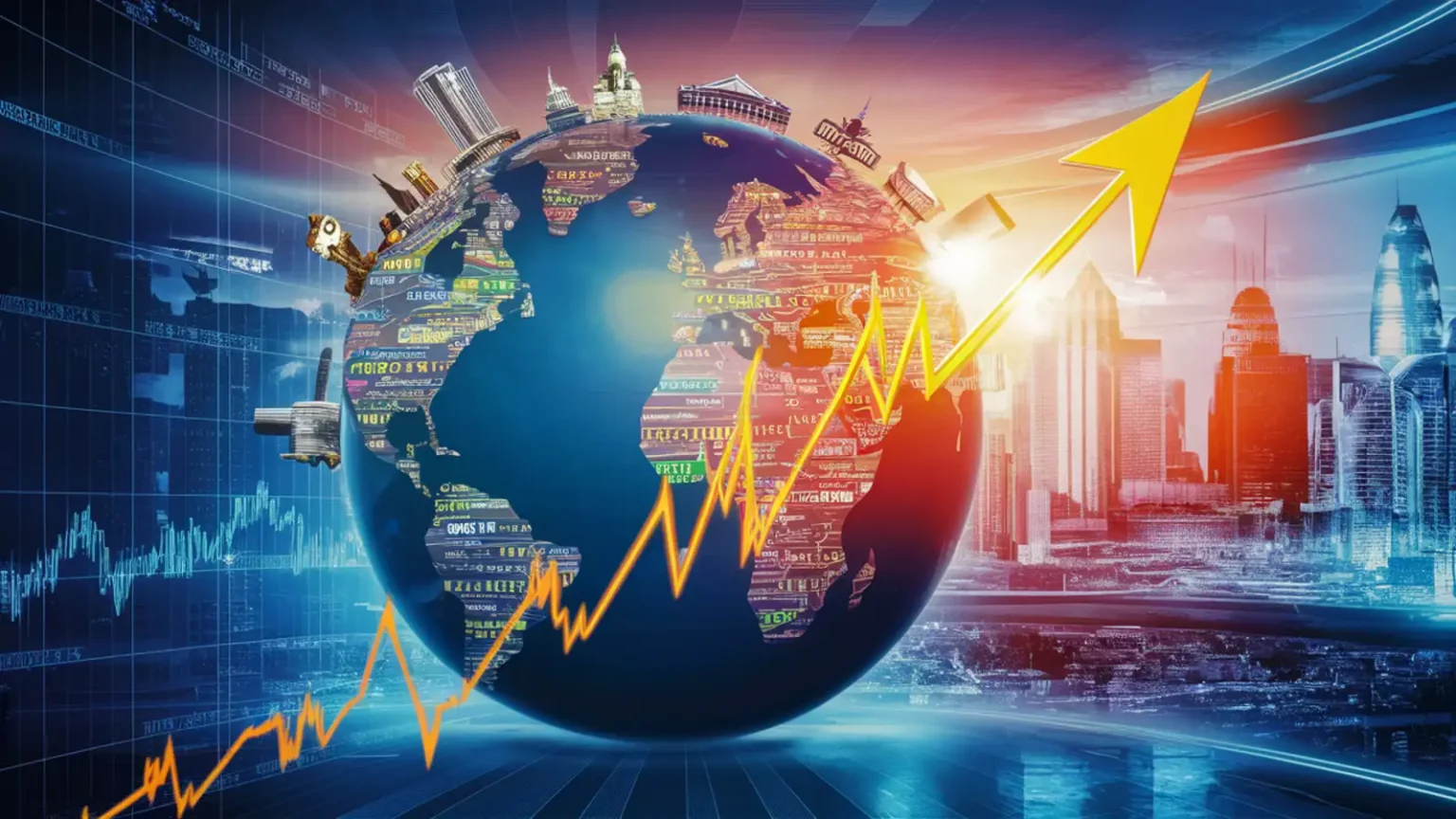 Global real estate skyline blended with blockchain network representing tokenized property markets